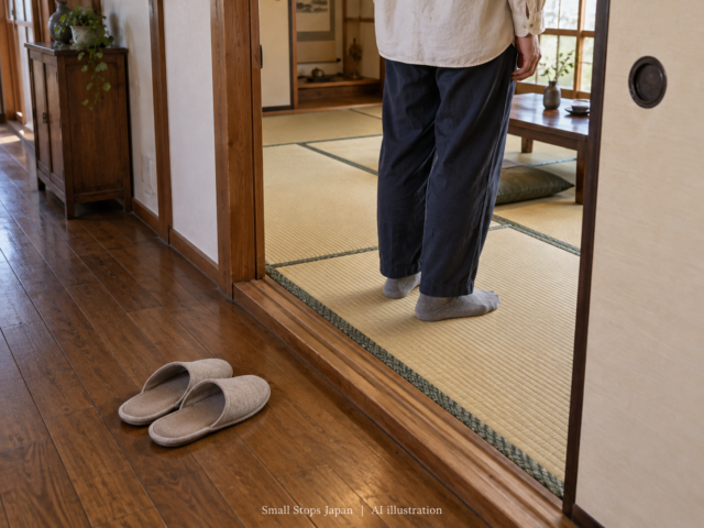 AI illustration of an adult in socks on tatami, with an empty pair of beige slippers on the wooden hallway floor.