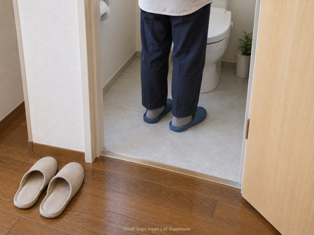 AI illustration of an adult wearing blue slippers inside a toilet room, with empty beige slippers outside on wood.