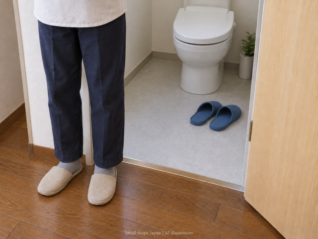 AI illustration of an adult wearing beige slippers in a wooden hallway, with empty blue slippers inside the toilet room.