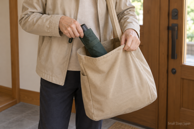 Illustration of hands placing a compact green folding umbrella into an open canvas shoulder bag.