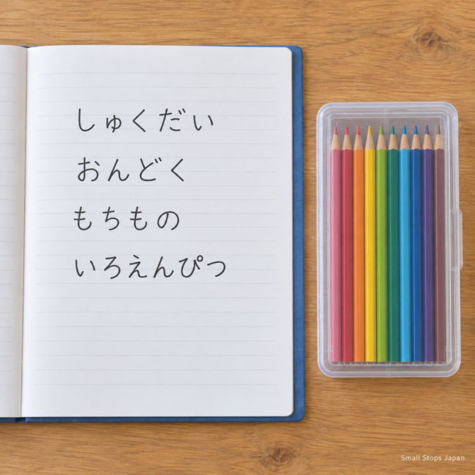 Close-up of four Japanese notebook lines beside a clear case of coloured pencils.