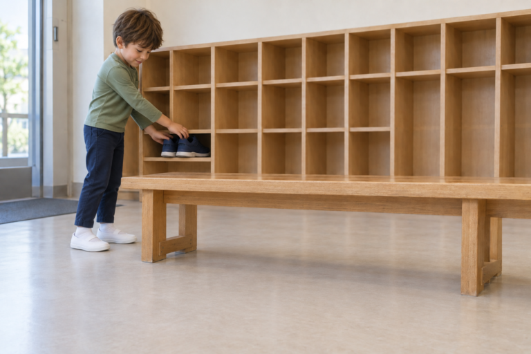 A child in white indoor shoes placing a pair of navy outdoor shoes on a shelf beside a bench.