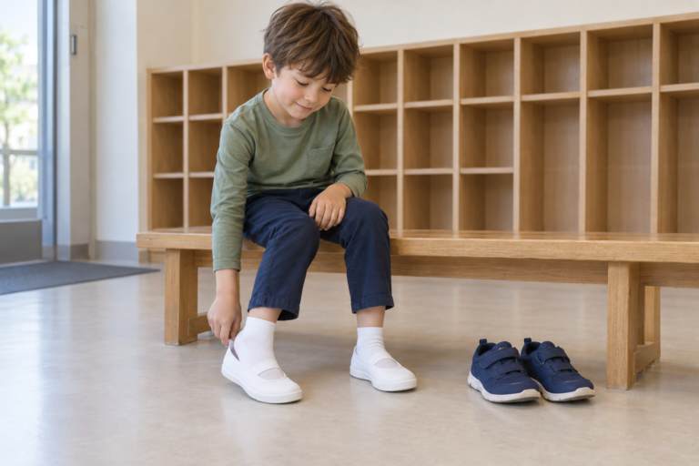 A seated child adjusting the heel of a white indoor shoe, with a pair of navy outdoor shoes on the floor.