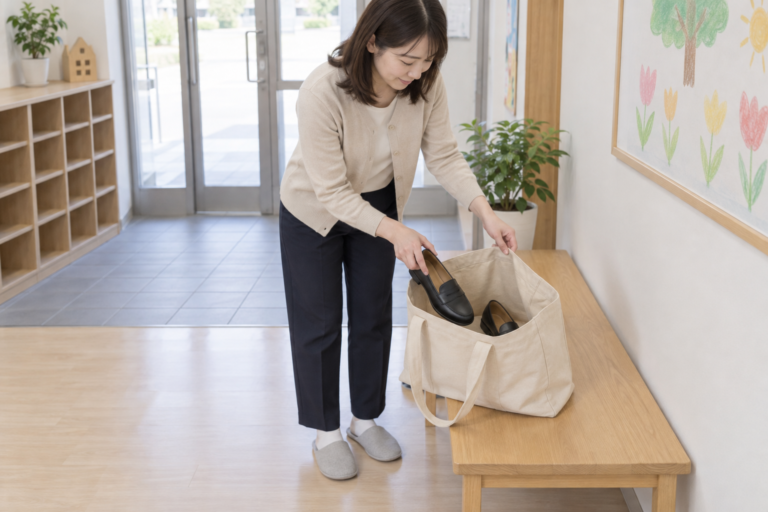 An adult in gray indoor slippers lowering a black outdoor shoe into a bag containing its matching shoe.