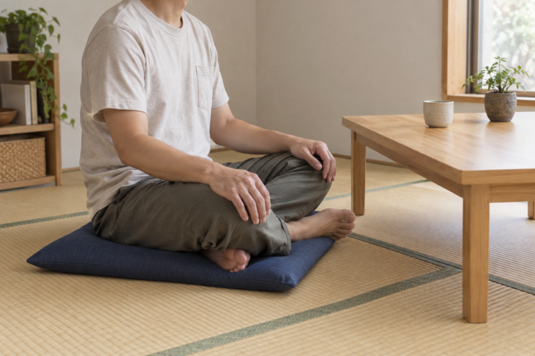 An adult sits cross-legged on a blue floor cushion on tatami beside a low wooden table.