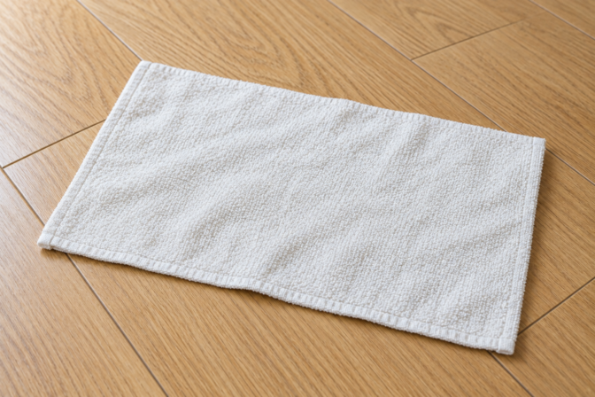 An off-white rectangular terry cleaning cloth lies unfolded on a wooden floor, with its stitched border visible.