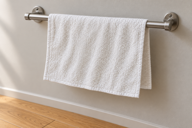 An off-white terry cloth folds over a metal rail fixed to a wall at both ends, hanging clear of the floor.