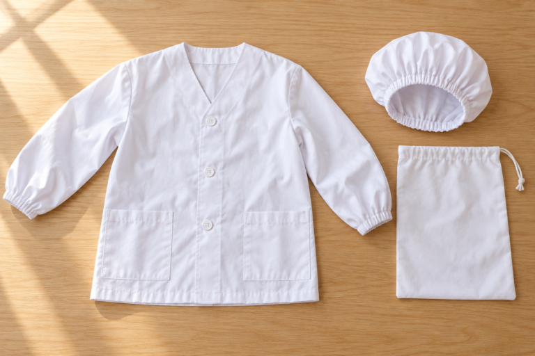 A white V-neck lunch coat lies unfolded beside a round cap and a plain drawstring bag on a wooden table.