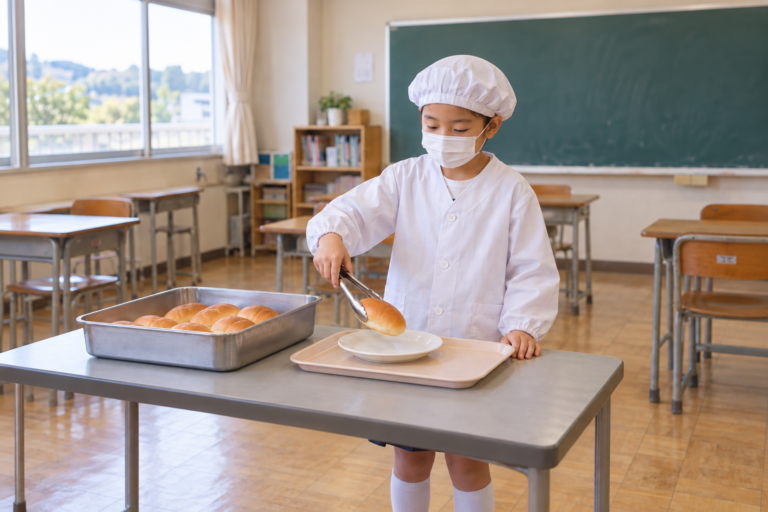 A fictional pupil in a white coat, cap and mask uses tongs to place a bread roll over a plate supported by a lunch tray and table.