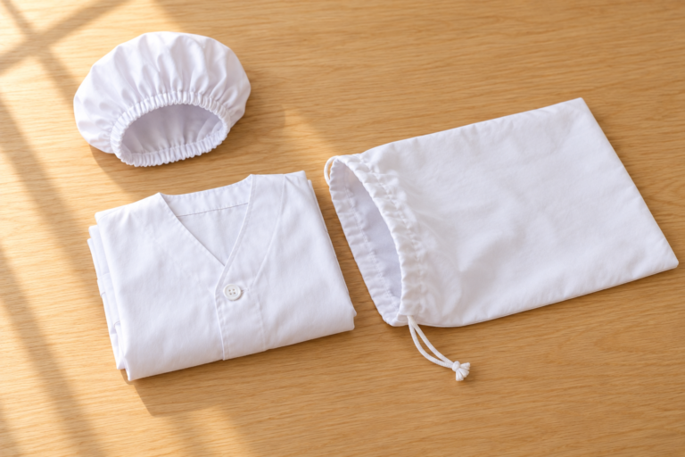 A folded white lunch coat rests beside an open drawstring bag, with a cap placed separately above it.