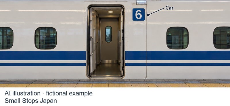 AI illustration of a Shinkansen doorway with a blue car-number sign showing 6 and an explanatory pointer labelled Car.