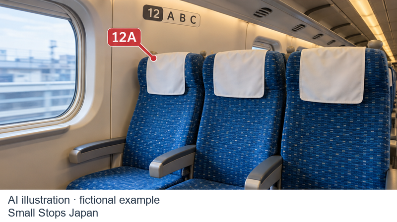 AI illustration of three seats beside a train window, with a 12 A B C row sign and a pointer marking the window seat as 12A.
