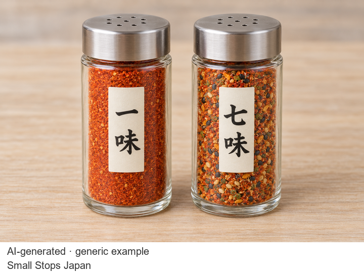 AI-generated close-up of two generic glass shakers: ichimi labelled 一味 on the left and shichimi labelled 七味 on the right.